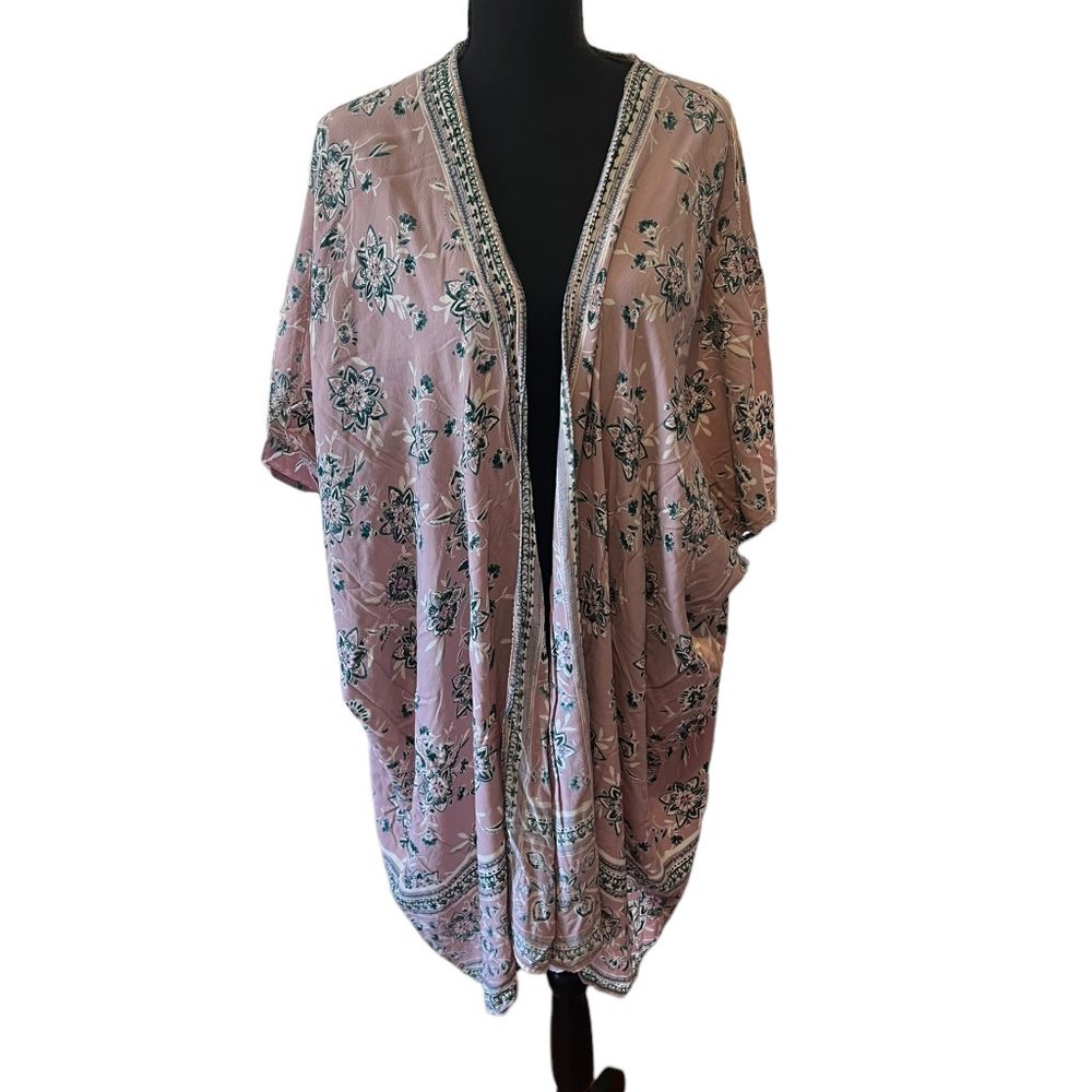 Angie Womens Kimono Robe Open Front Floral Pink Large